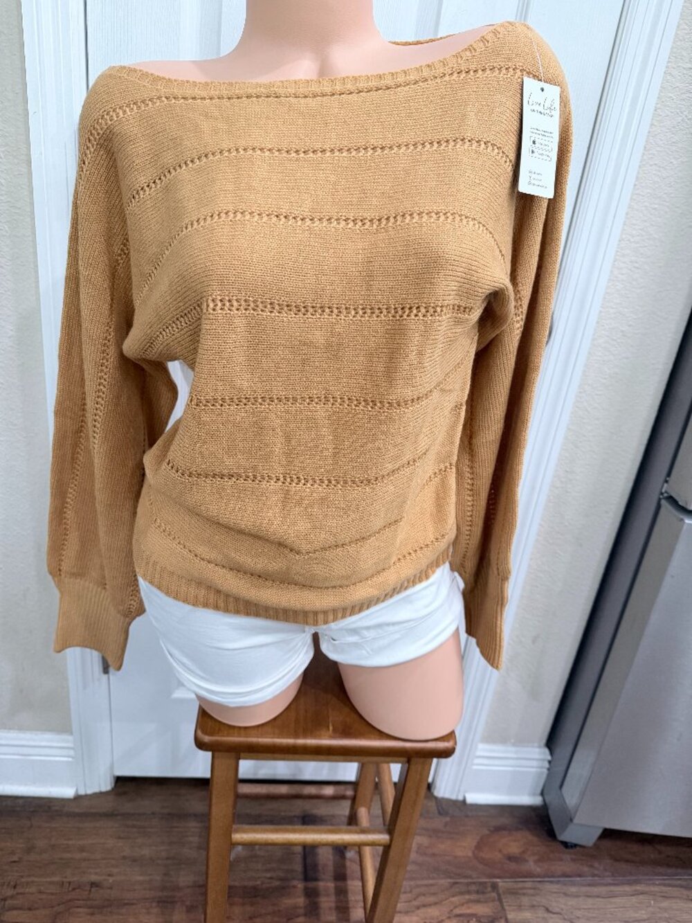 Cupshe NWT Camel Boat Neck Knit Sweater Small Coastal Old Money Oversized